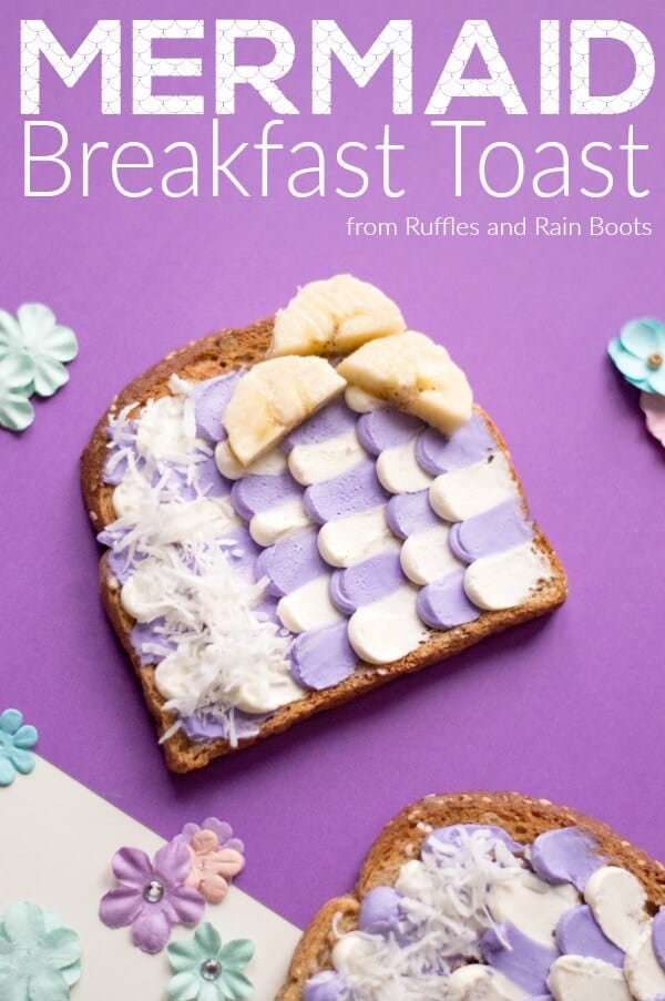 Vertical image of mermaid toast recipe made with cream cheese, bananas, and coconut on purple background.