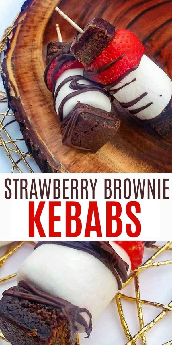 These fast, easy, and guest-worthy strawberry brownie kebabs are the perfect dessert on a hot day. #strawberry #strawberryrecipes #strawberrydesserts #easydesserts #dessertideas #strawberryseason #kebabs #dessertkebabs #treatkebabs #foodonastick #browniebites #strawberrybrownie #rufflesandrainboots