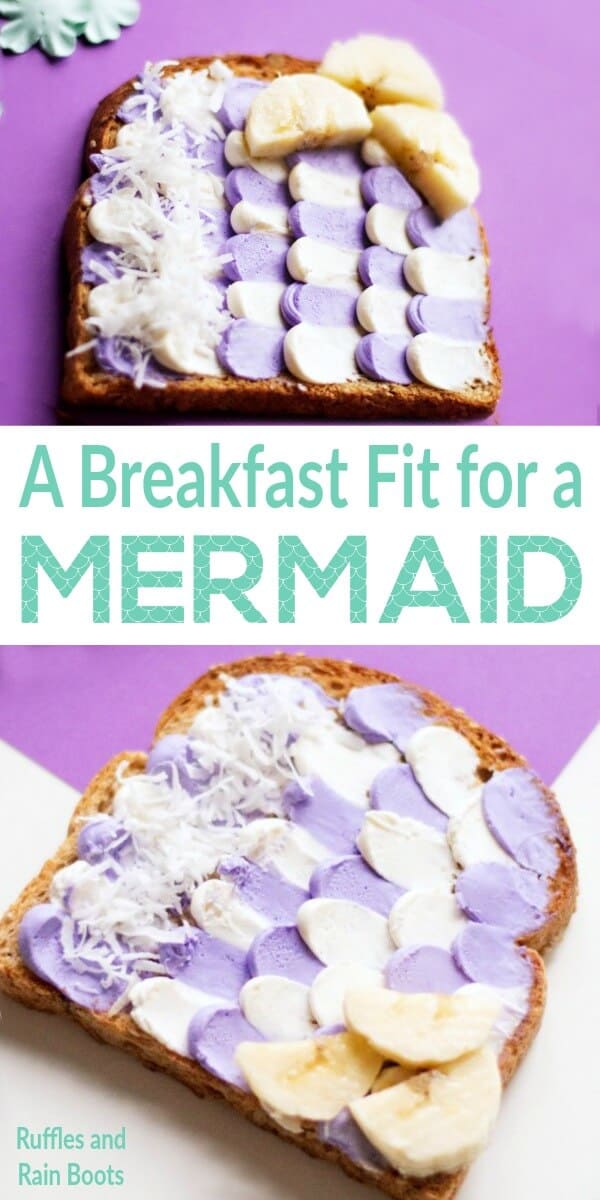 Vertical image of purple and white mermaid toast on white and purple background.