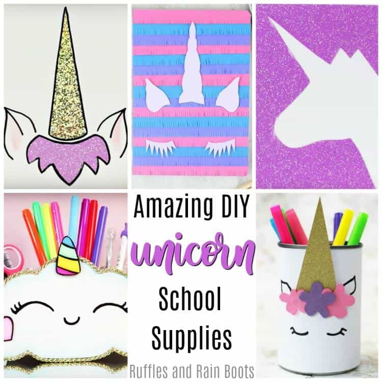 These DIY unicorn school supplies will bring ALL the smiles to any unicorn lover. #unicorn #DIYbacktoschool #diyunicorn #unicornlover #unicornnotebook #unicornpencilcase #unicorndiy #unicornschool #rufflesandrainboots