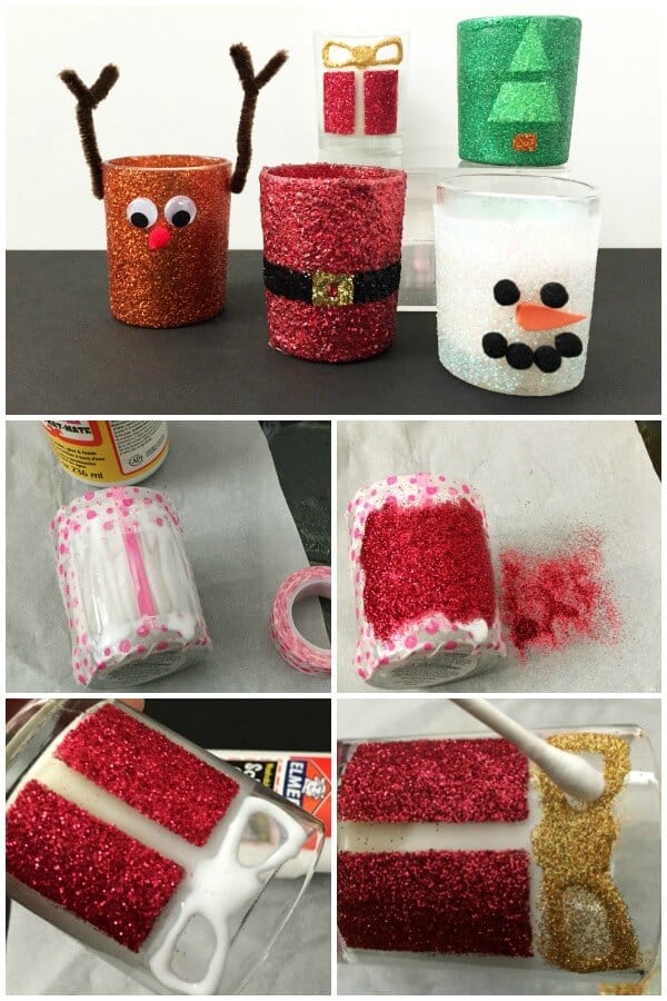 You can make these easy DIY Christmas candles in no time. Grab some votives and glitter and let's get started with this fun Christmas decorating idea. #christmas #christmascrafts #diychristmas #handmadeholiday #glittercandles #christmascandles #diychristmasdecor #christmasdecor #christmasdecorations #rufflesandrainboots