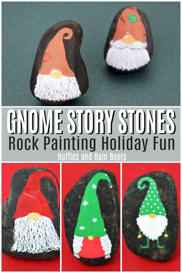 These Christmas gnome rock painting ideas will have you creating the season's cutest little friends. Simple and quick, they make great story stone sets or paint and hide rocks. #rockpainting #rockpainting101 #rockhiding #Christmascraft #diychristmas #christmasrock #christmasrockpainting #holidayrock #holidayrocks #gnomerocks #gnomes #rufflesandrainboots