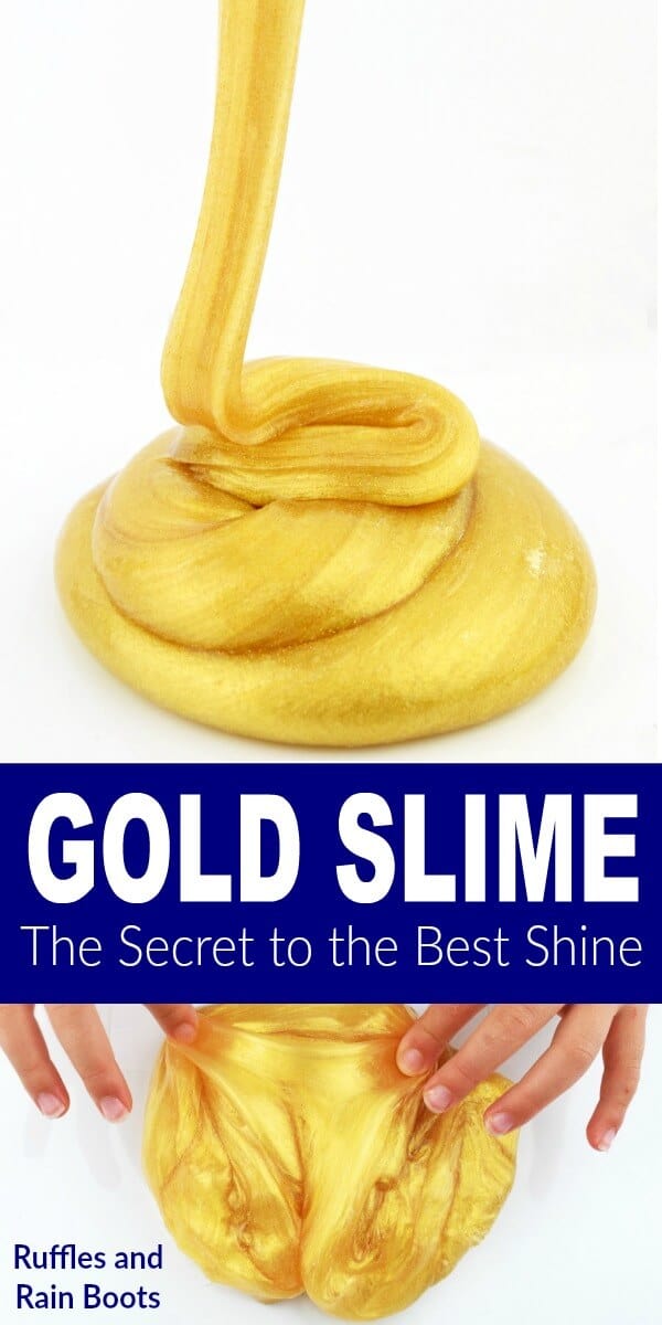 This is the secret to get the shiniest gold slime. Test after test, and this was the BEST. #gold #slime #slimerecipes #DIYslime #shinyslime #slimemakers #sensory #sensorytoys #elmersglue #rufflesandrainboots