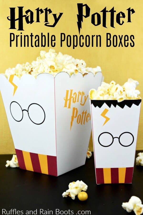 Get these free printable Harry Potter popcorn boxes and take family movie night to the next level. #harrypotter #potterheads #wizardingworld #harrypottermovie #movienight #familymovienight #freeprintable #popcornbox #harrypotterparty #rufflesandrainboots