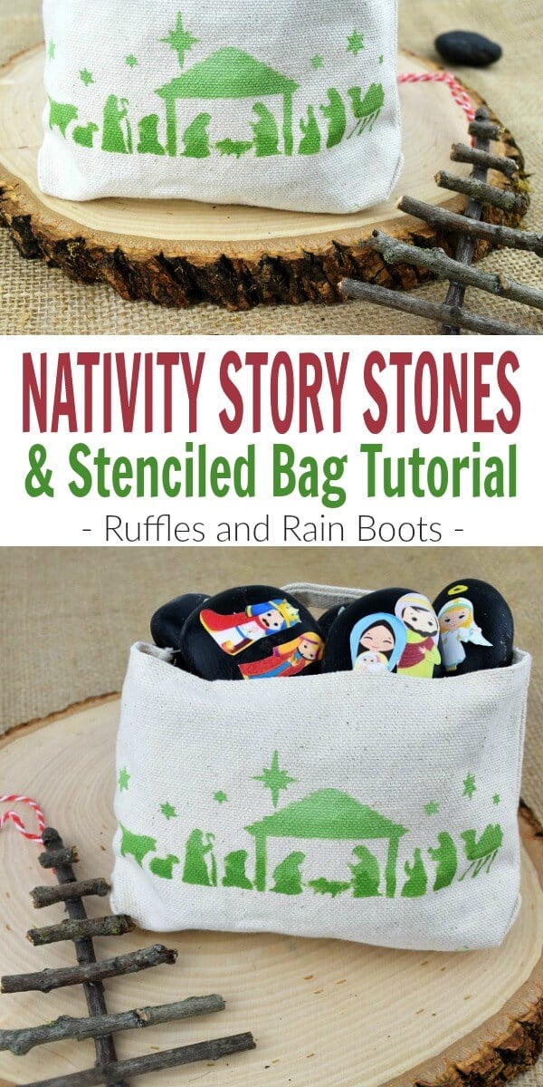 Make these nativity story stones and this nativity scene bag with no art skills needed! Stencils and clipart will have you creating this look in less than 20 minutes for the little one in your life. #storystones #christmas #diychristmas #diygiftideas #giftsforkids #handmadeholidays #rockpainting #paintedstones #paintedpebbles #rockart #montessori #rufflesandrainboots