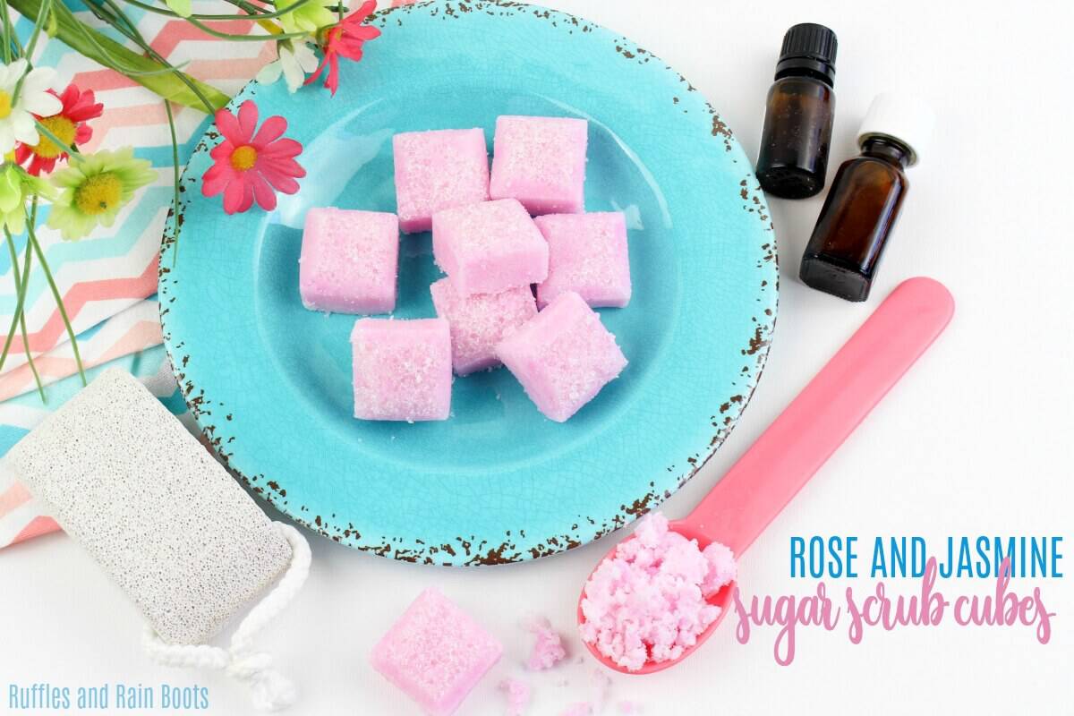 This jasmine and rose sugar scrub recipe is made in solid form to reduce mess