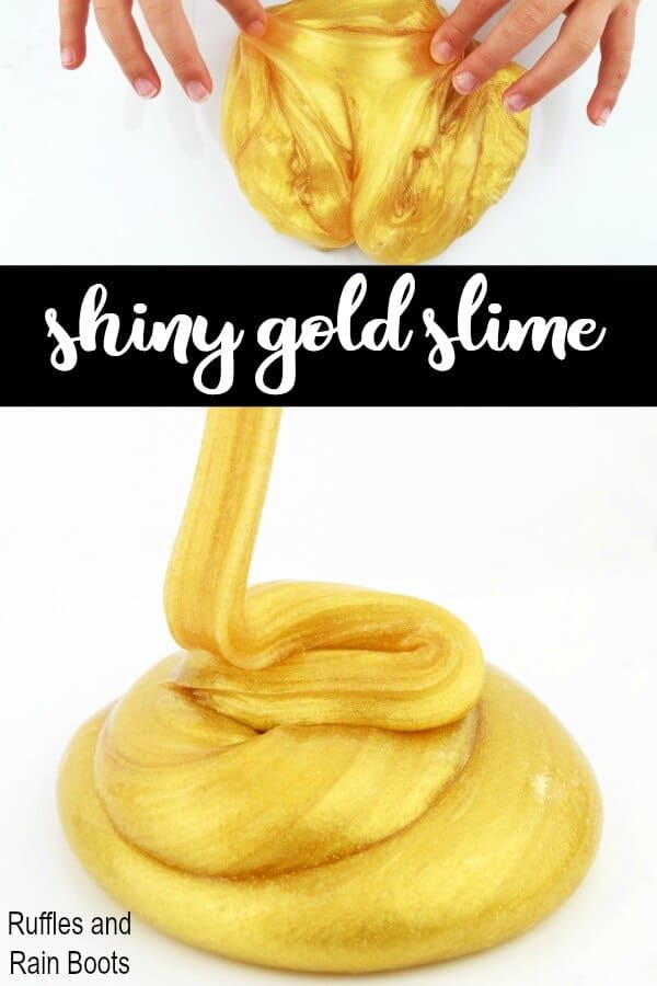 There are secrets to getting the shiniest gold slime around - and they are super easy! #slime #slimerecipe #gold #DIYslime #DIYgoldcrafts #gold #slimerecipes #shinyslime #thescienceofslime #elmers #rufflesandrainboots