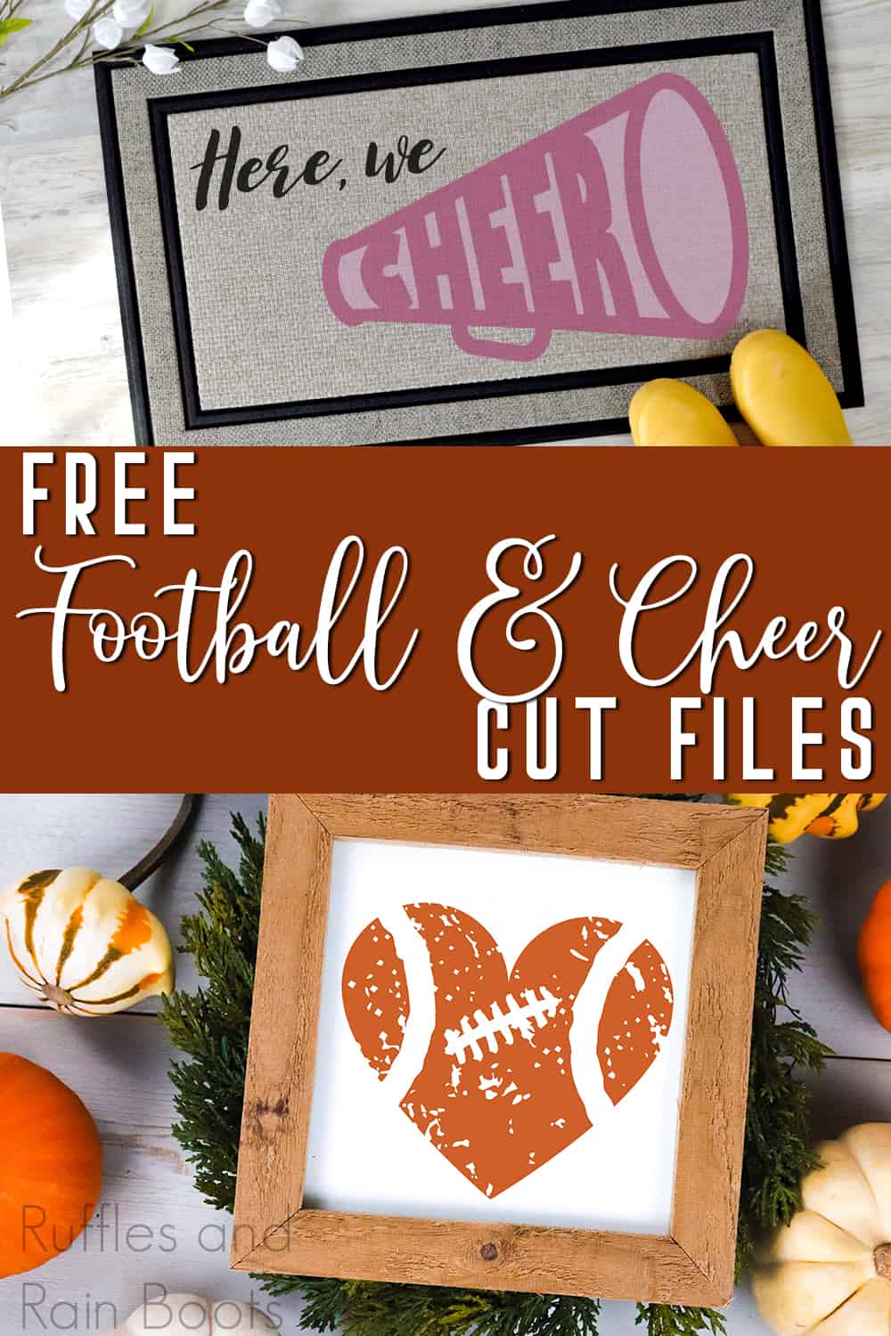 photo collage of football related SVGs with text which reads free football & cheer cut files
