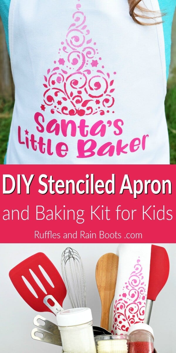You can make this adorable stenciled kids Christmas apron in no time as a gift or as part of this fun baking kit for kids. Ad #christmas #diychristmas #handmadeholidays #stencilprojects #stencilrevolution #giftideasforkids #bakingkit #baking #rufflesandrainboots