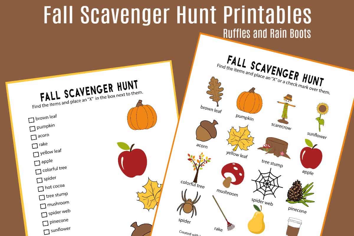 Horizontal image of two fall scavenger hunt printable pictures on a brown background.