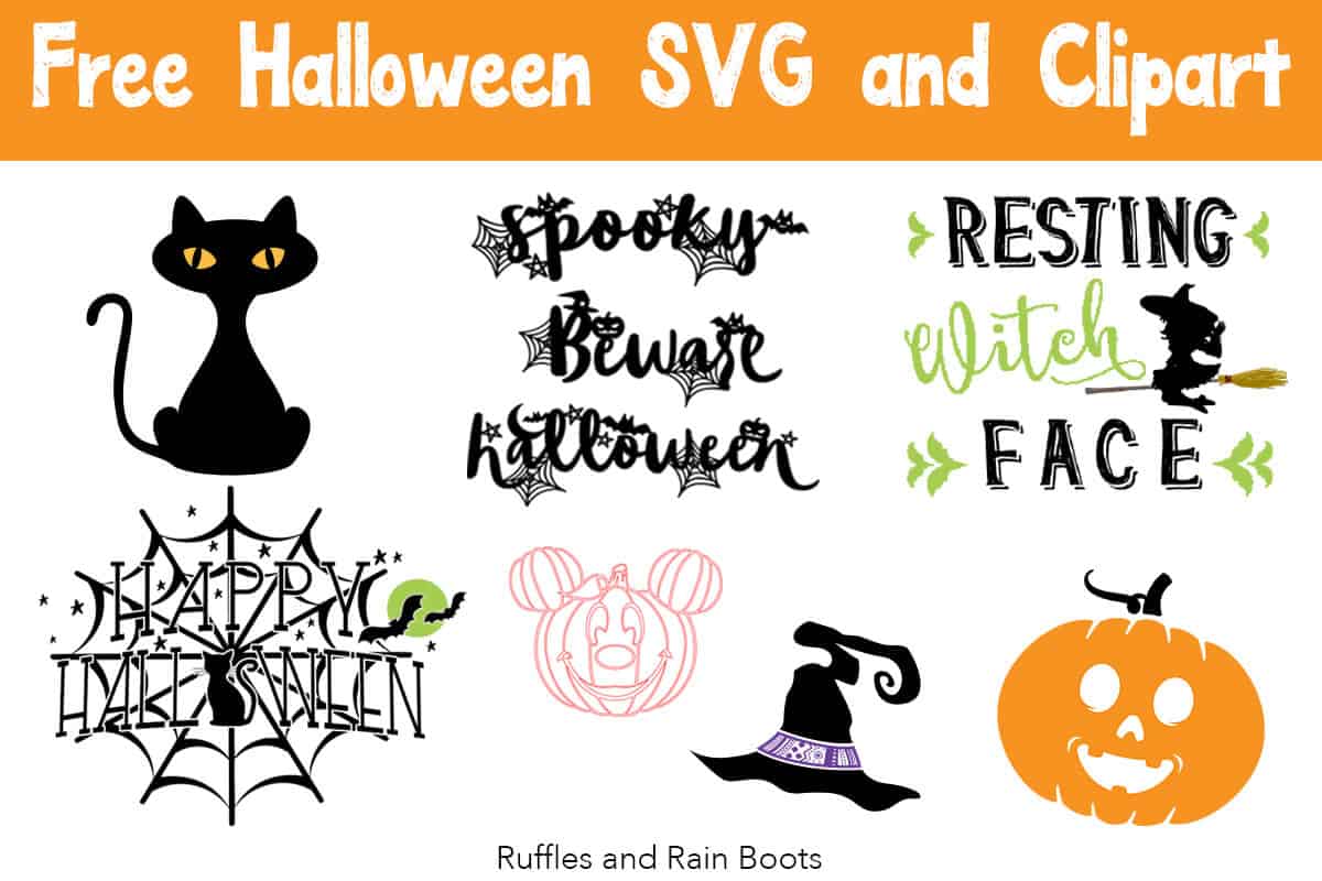 Horizontal image of a collage of cut files with text which reads free Halloween SVG and Clipart.