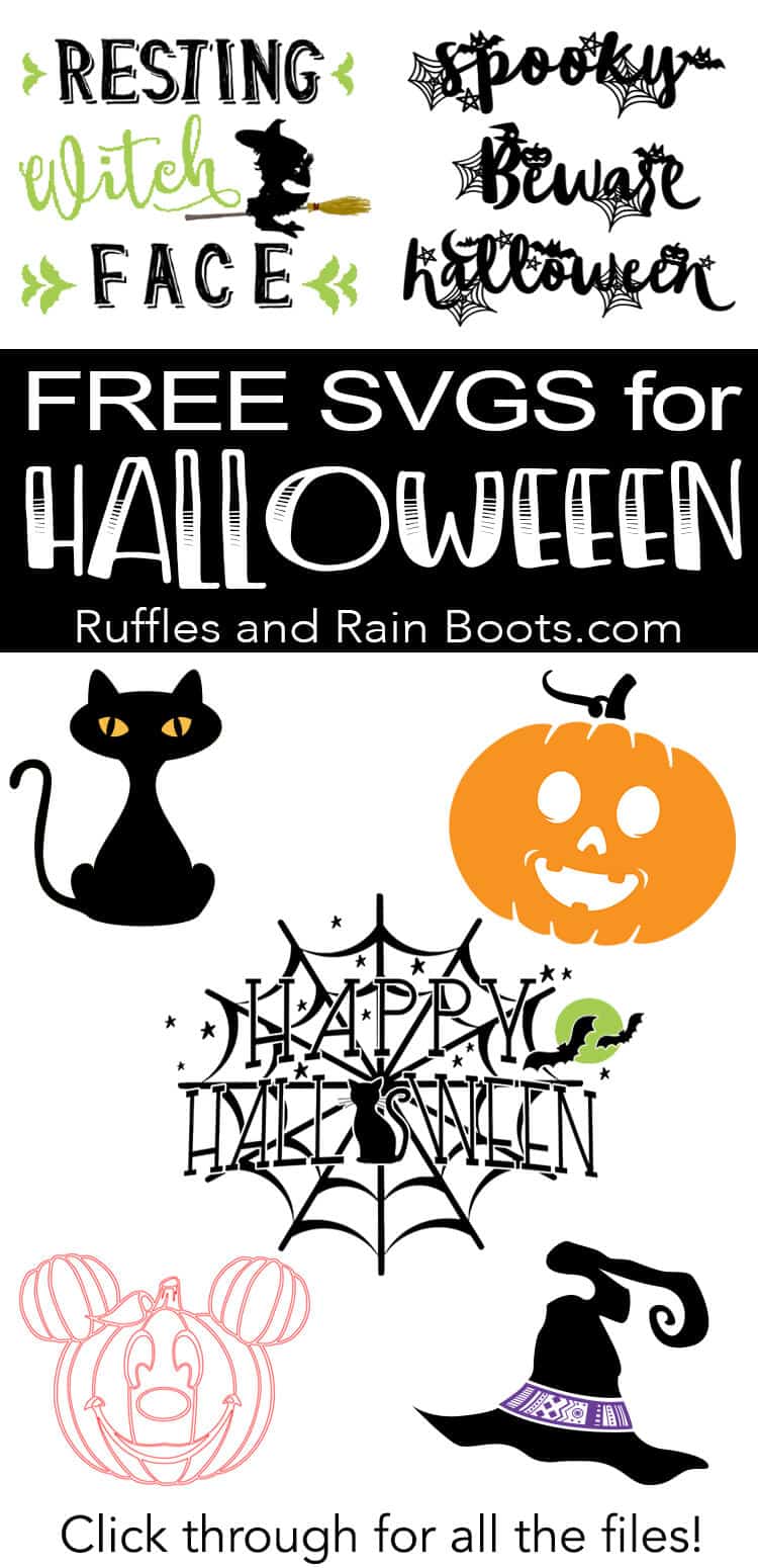 Vertical image of a collage of Halloween cut files with text which reads free SVG s for Halloween from Ruffles and Rain Boots.