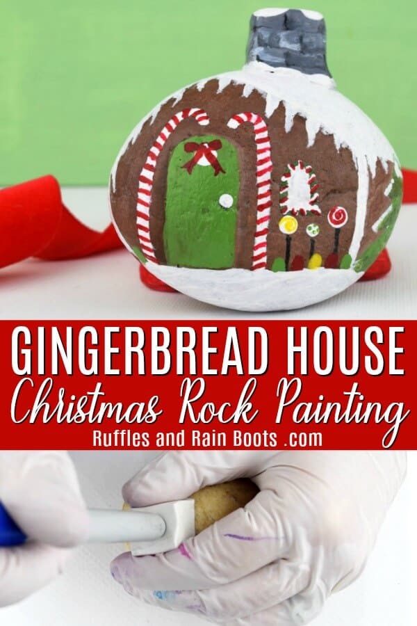 Make this easy gingerbread house rock painting idea for a Christmas rock. #rockpainting #paintedstones #rockart #Christmasrock #holidayrocks #rufflesandrainboots