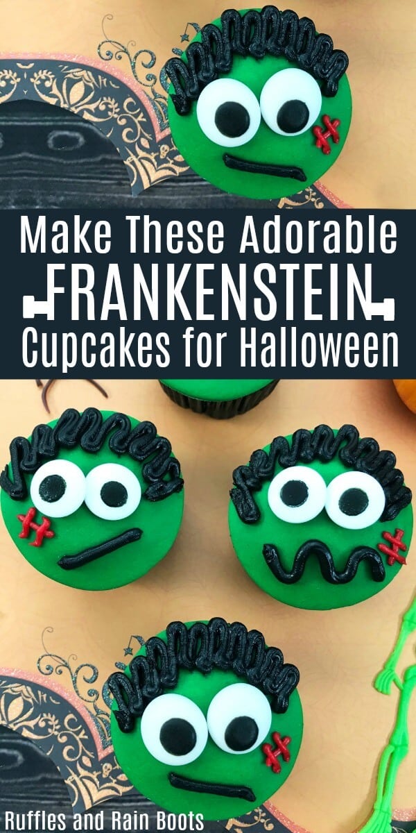 Make these adorable Frankenstein cupcakes for a non-scary Halloween treat. #halloween #cupcakes #halloweencupcakes #halloweenparty #halloweenideas #nonscaryhalloween #Frankenstein #rufflesandrainboots