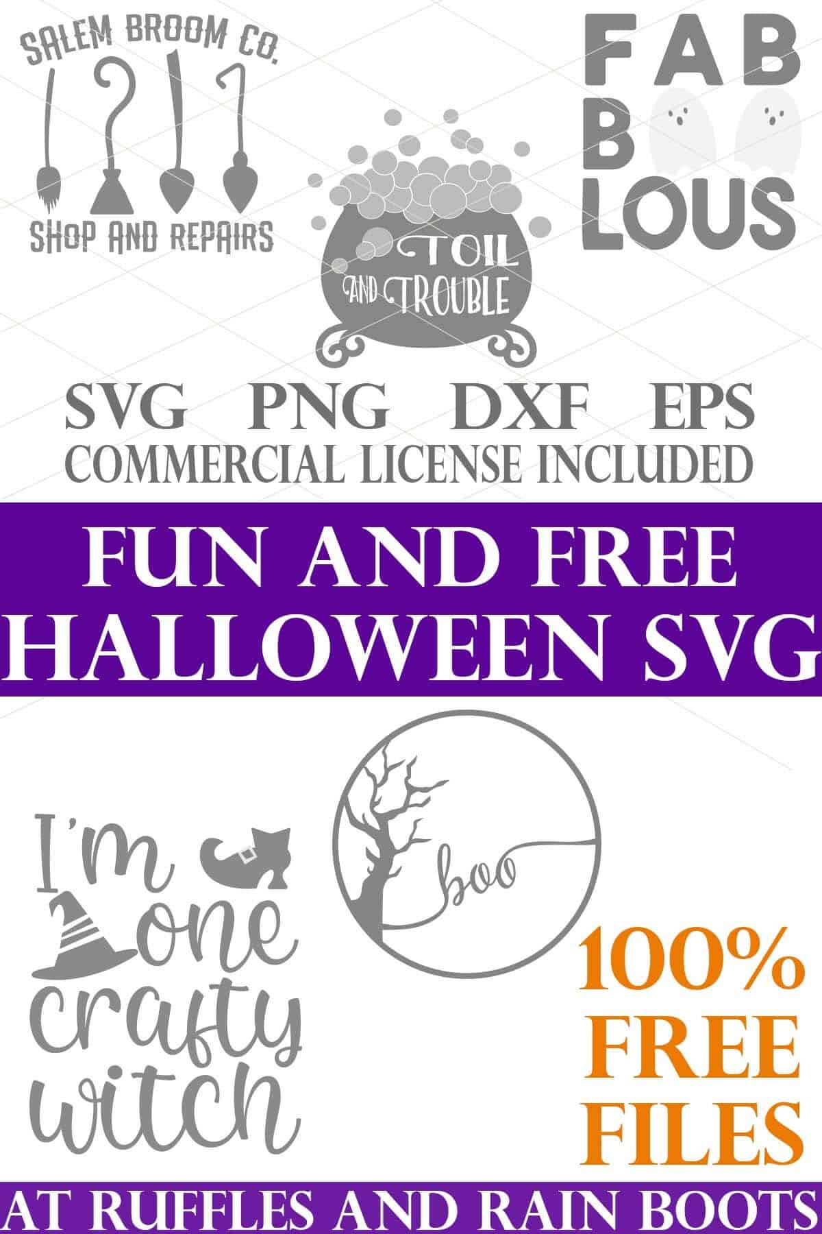 Vertical image of 5 Halloween cut files with text which reads fun and free Halloween SVG.