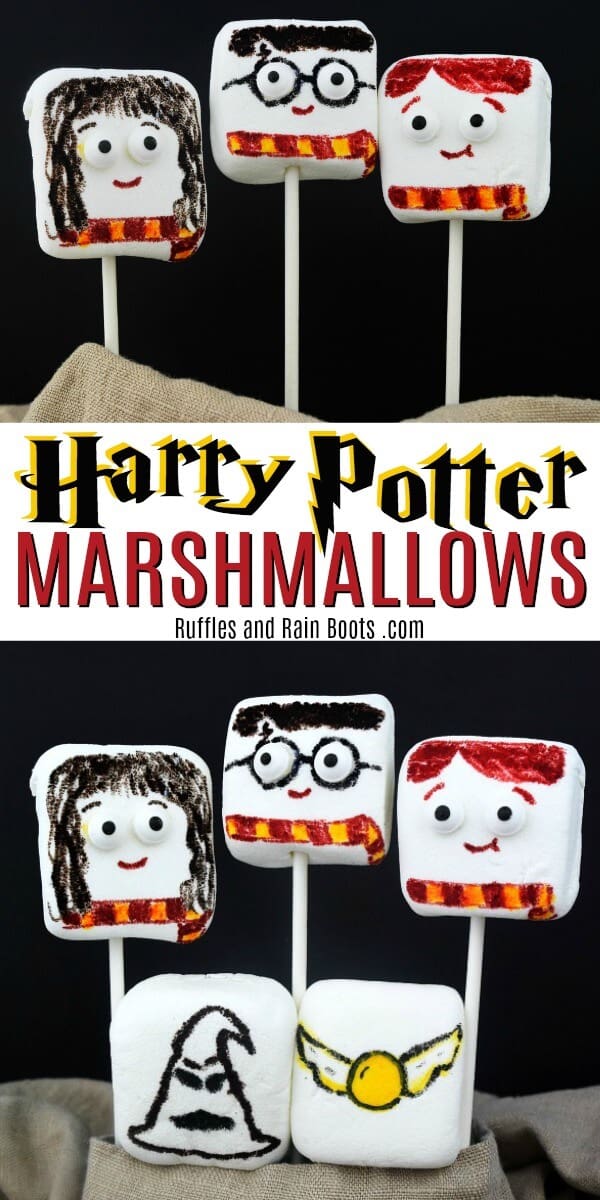 These Harry Potter marshmallows are a fun craft and a tasty treat. Set up a Harry Potter movie night and bring on the fun! #harrypotter #potterheads #marshmallows #movienight #harrypottercraft #rufflesandrainboots