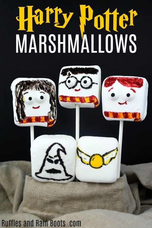 These Harry Potter marshmallows are a fun craft and a tasty treat. Set up a Harry Potter movie night and bring on the fun! #harrypotter #potterheads #marshmallows #movienight #harrypottercraft #rufflesandrainboots