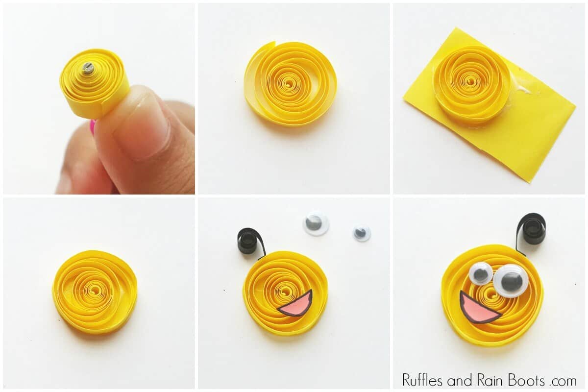 photo collage of yellow quilled monster craft for kids on white background