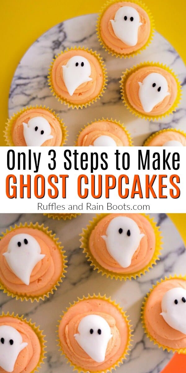 Make these adorable ghost cupcakes in just a few steps. There is even an easy icing recipe ready in just a couple of minutes! #ghostcupcake #Halloweencupcake #cupcakeideas #icingrecipe #easyicing #easyicingforcupcakes #rufflesandrainboots