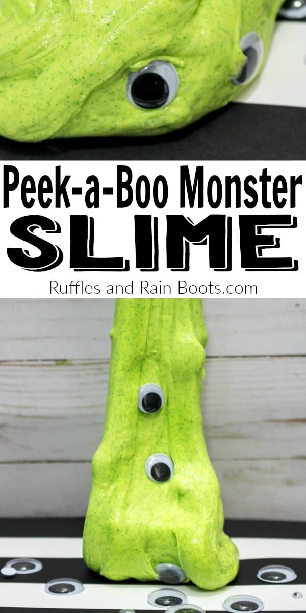 Make this fun monster slime using no Borax at all! It's quick to come together and monster slime is great for Halloween, monster parties, and even movie nights. #slime #slimerecipes #awesomeslime #halloween #halloweenslime #googlyeyes #rufflesandrainboots