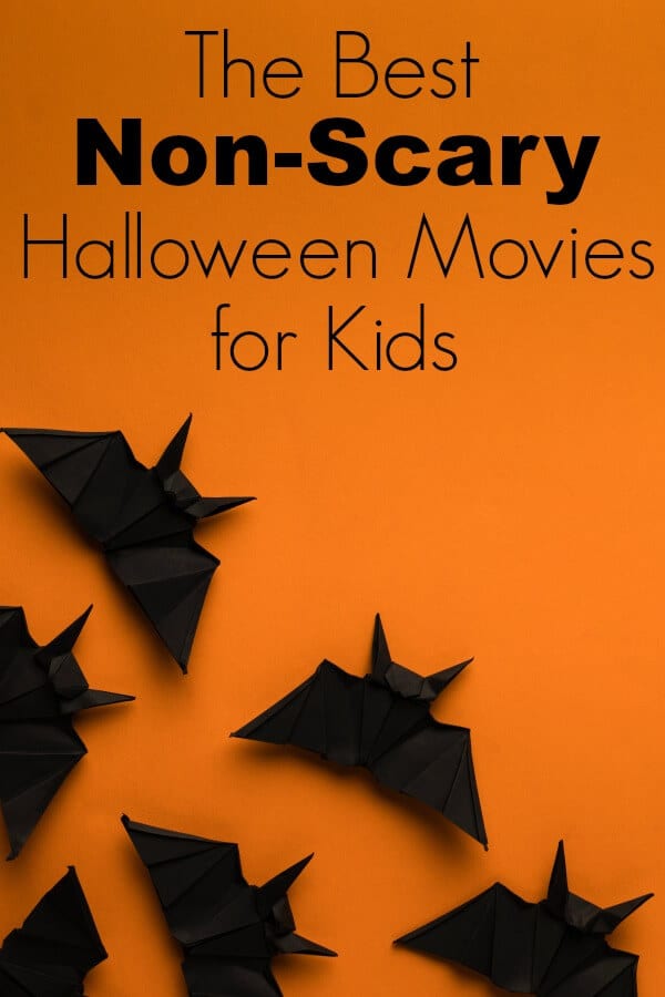 black bats on orange background with text that reads the Best non-scary Halloween movies for kids