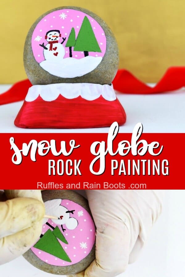 Make this fun snow globe rock painting idea for a fun take on a Christmas rock. #rockpainting #paintedstones #rockpaintingidea #christmasrocks #snowglobe #rufflesandrainboots