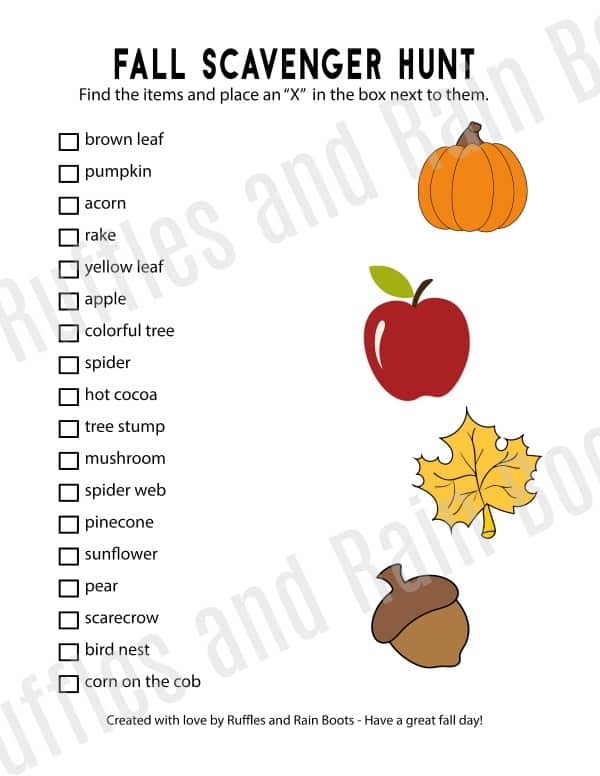 Image of an early reader friendly fall scavenger hunt with words, images, and check boxes.