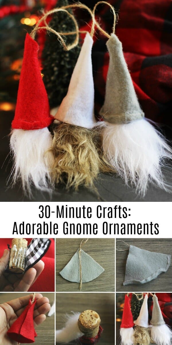 photo collage of DIY Swedish gnome ornaments with text which reads 30 Minute Craft Adorable Gnome Ornaments