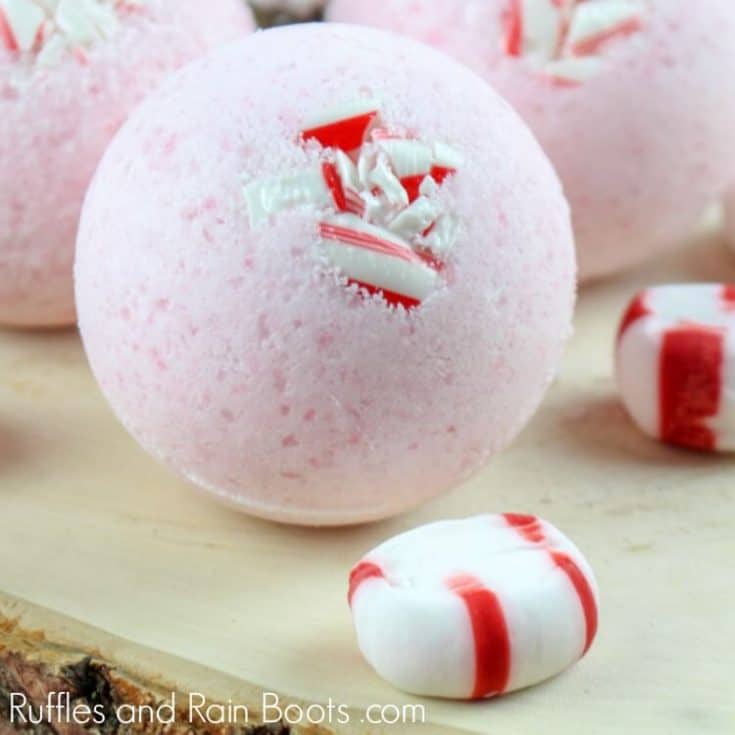 Close up of Christmas bath bomb recipe for candy cane bath bombs