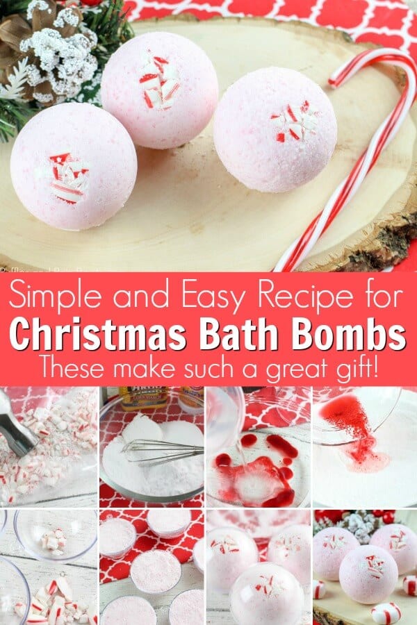 Photo collage of holiday bath bombs and shower fizzies with text which reads Simple and easy recipe for Christmas bath bombs