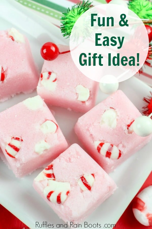 candy cane sugar scrub cubes on white place with text which reads fun and easy gift idea