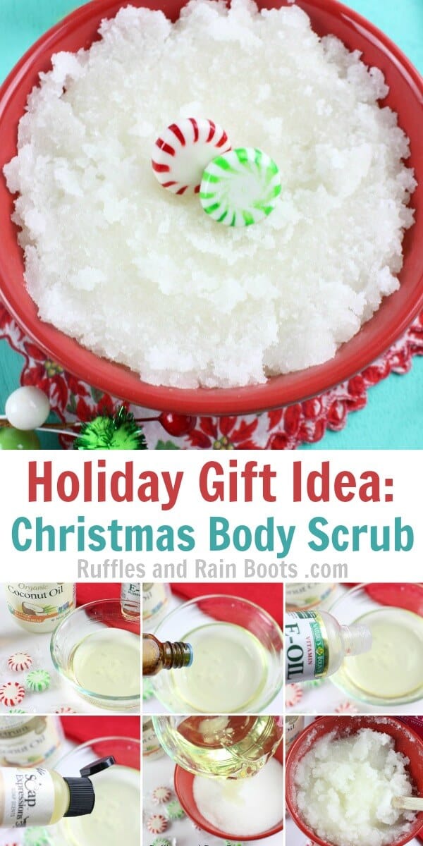 close up of holiday body scrub in red bowl with photo collage and text which reads holiday gift ideas Christmas body scrub
