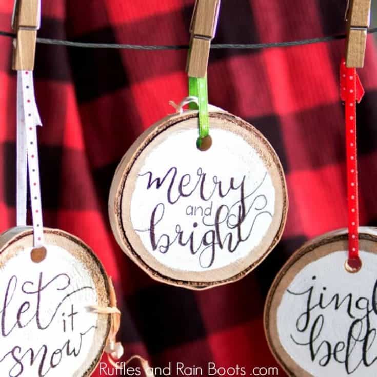 3 DIY hand lettered Christmas ornaments on Buffalo Check Plaid background
