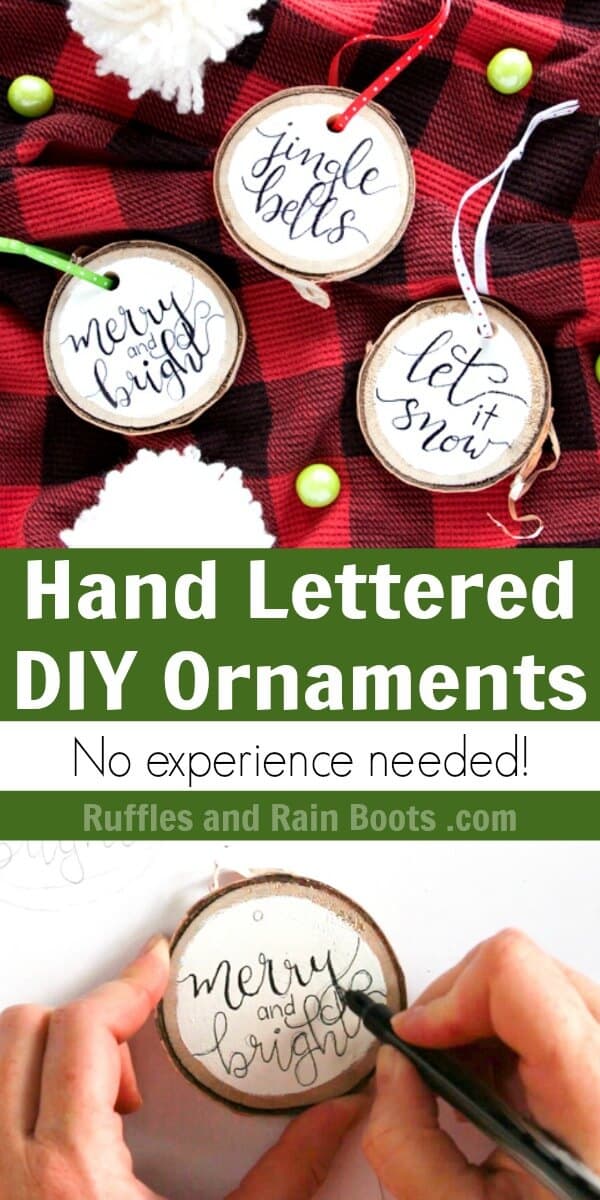 photo collage of DIY hand lettered Christmas ornaments on Buffalo plaid background with text which reads Hand Lettered DIY Ornaments