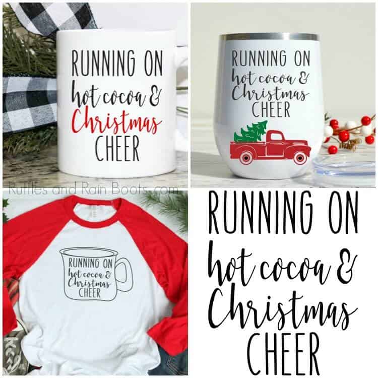 photo collage of mugs and a t shirt with a free Christmas SVG