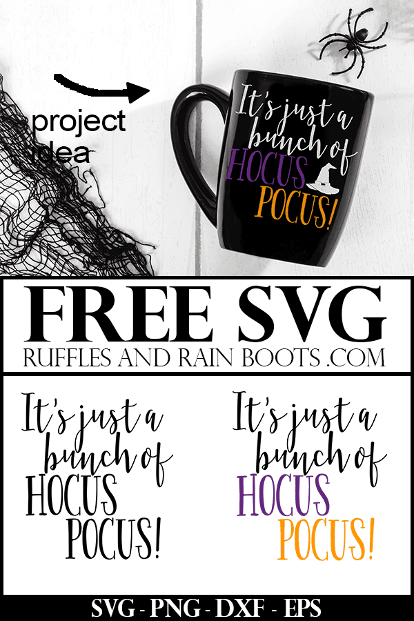 It's Just a Bunch of Hocus Pocus SVG free file on black coffee mug with text which reads free SVG