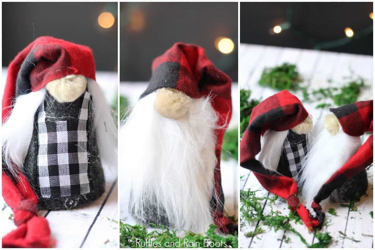 photo collage of DIY Christmas gnomes on wooden background