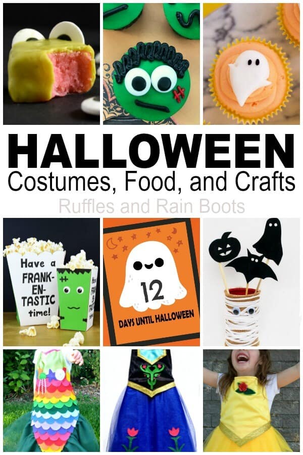 photo collage of Halloween activities for kids with text which reads Halloween costumes, food, and crafts