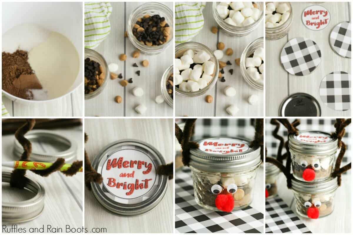 photo collage of how to make a reindeer mason jar with peanut butter hot chocolate dry mix