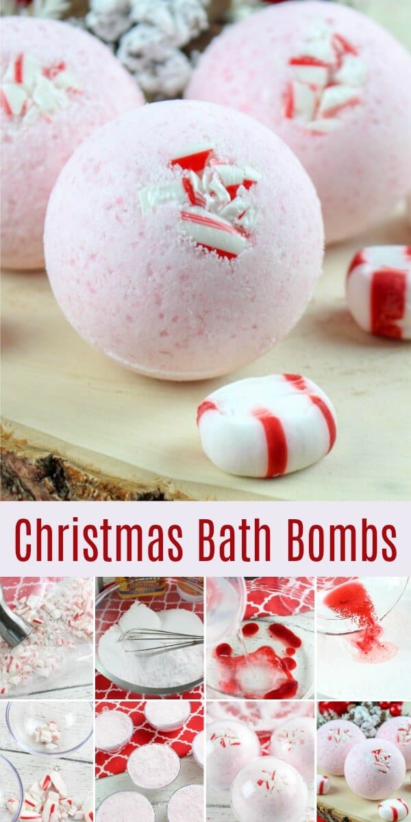 Candy Cane Christmas Bath Bomb Recipe photo collage with text which reads Christmas Bath Bombs