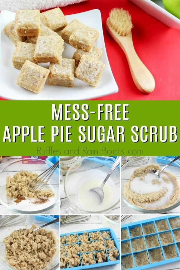 photo collage of sugar scrub cubes with text which reads mess-free apple pie sugar scrub
