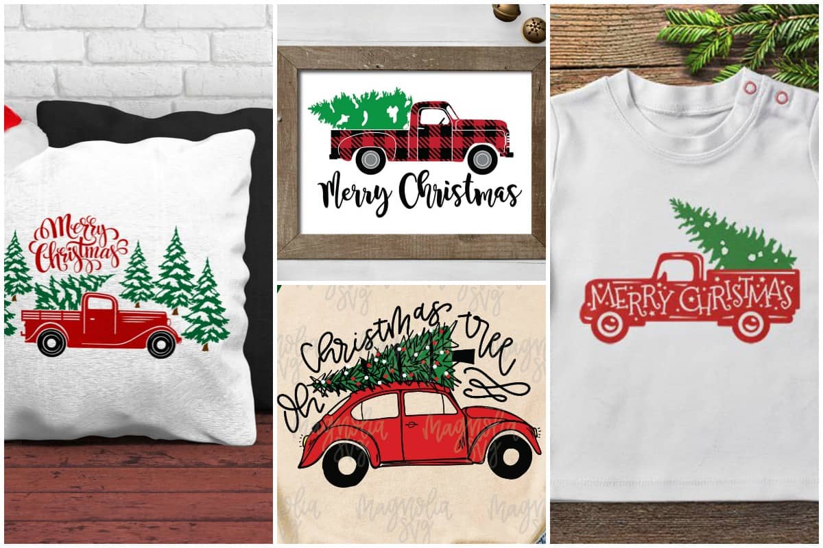 photo collage of vintage red Christmas truck SVG projects