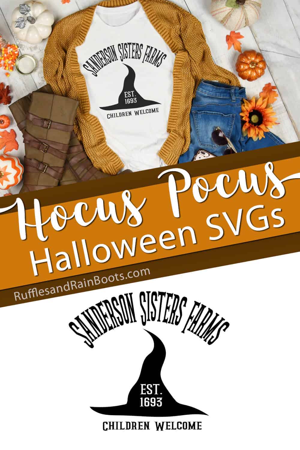 photo collage of witch hat with sanderson sisters farms svg with text which reads hocus pocus halloween svgs
