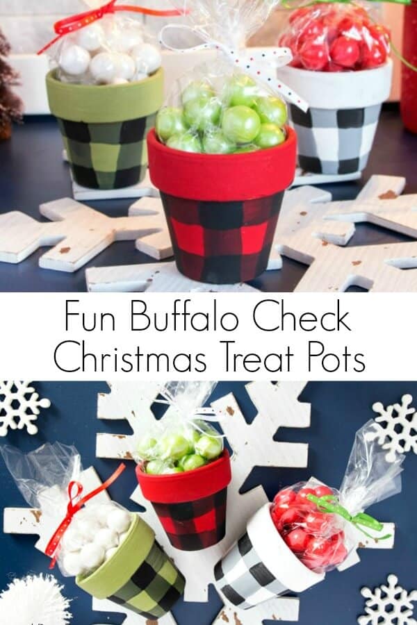 Christmas clay pot treat jars painted in Buffalo check on holiday background with text which reads Fun Buffalo Check Christmas Treat Pots