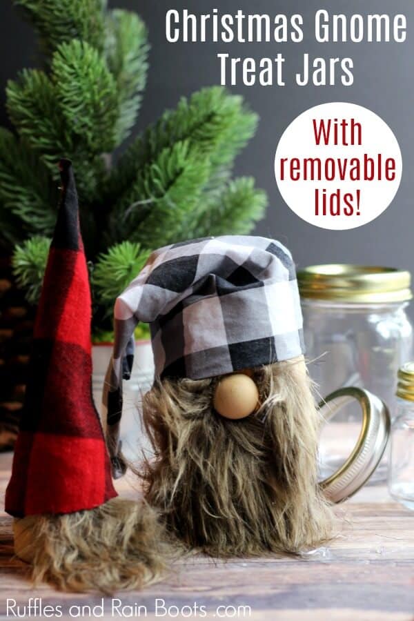 Adorable Swedish gnome mason jars on holiday background with text which reads Christmas Gnome Treat Jars