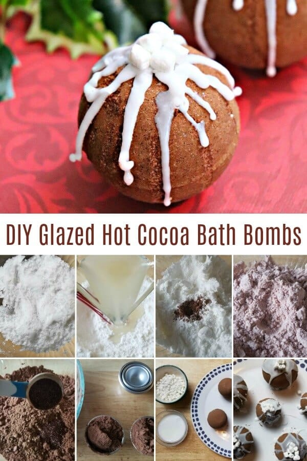 photo collage of creative bath bombs with text which reads DIY glazed hot cocoa bath bombs