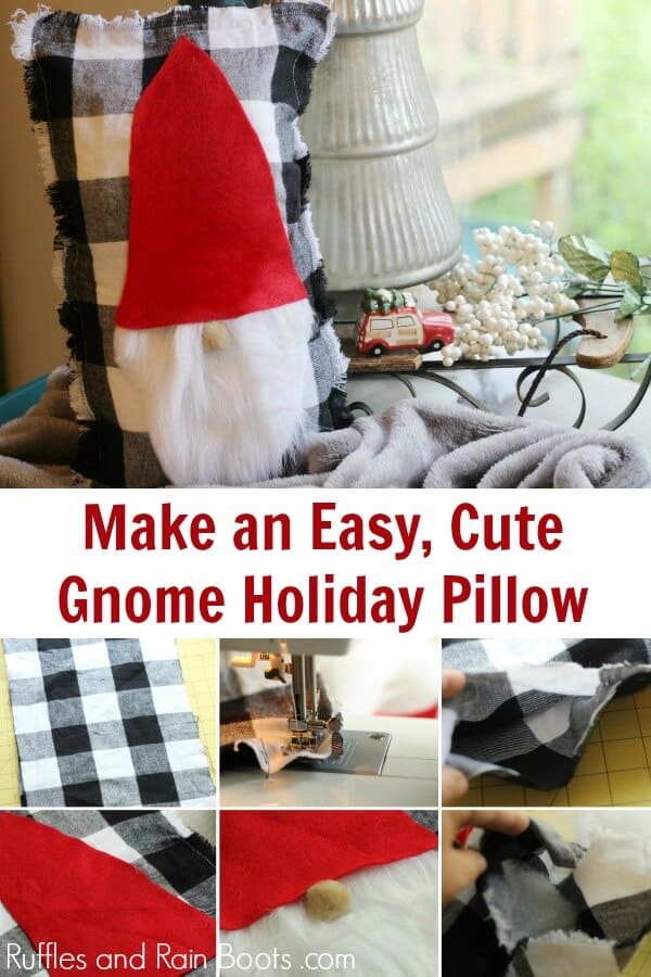 This DIY gnome pillow tutorial will have you adding holiday cheer to any décor in just minutes. Grab your hot glue gun and let's get started with this Christmas craft! #gnome #swedishgnome #scandianaviangnome #tomte #nisse #Christmaspillow