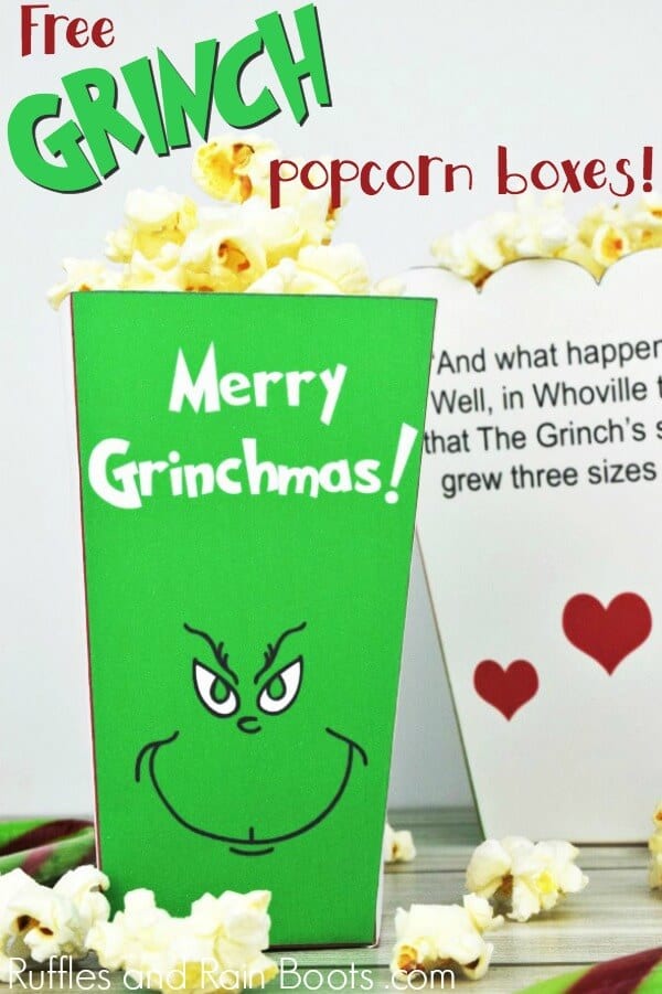A colorful and fun photo of two printable Grinch popcorn boxes with text which reads The Grinch Popcorn Box set