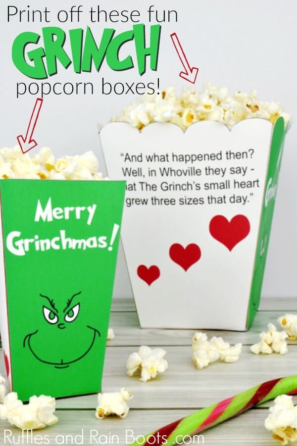 Grinch Popcorn Box set with text which reads print off these fun Grinch popcorn boxes