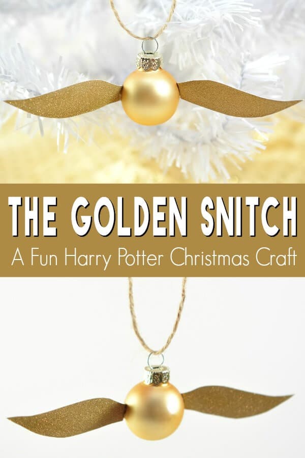 golden snitch on two backgrounds with text which reads the Golden Snitch a fun Harry Potter Christmas Craft